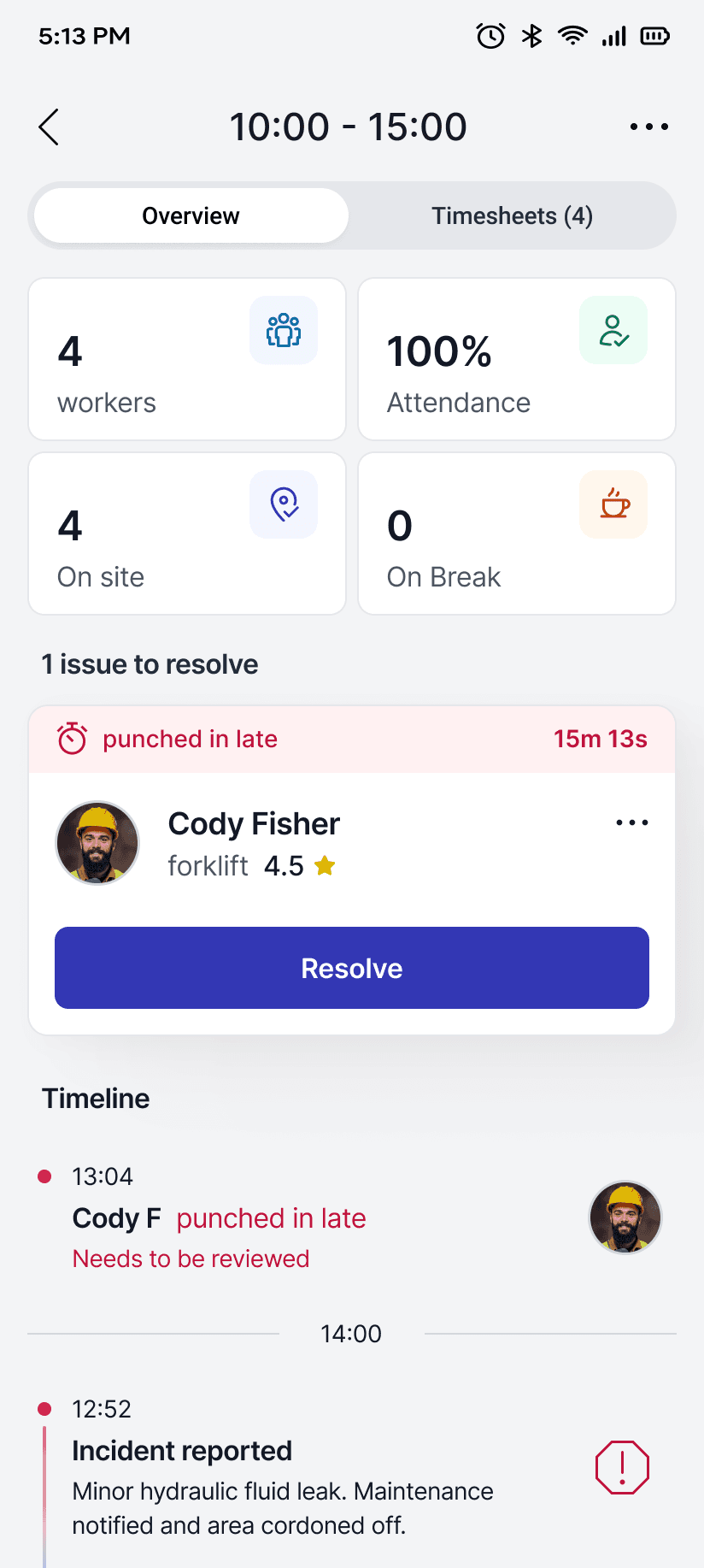 Supervisors App — Real-time shift overview with worker status and issue resolution